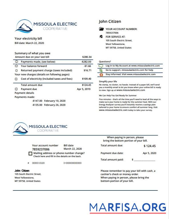 Realistic USA Montana Missoula Electric Cooperative electricity utility bill template in Word and PDF format